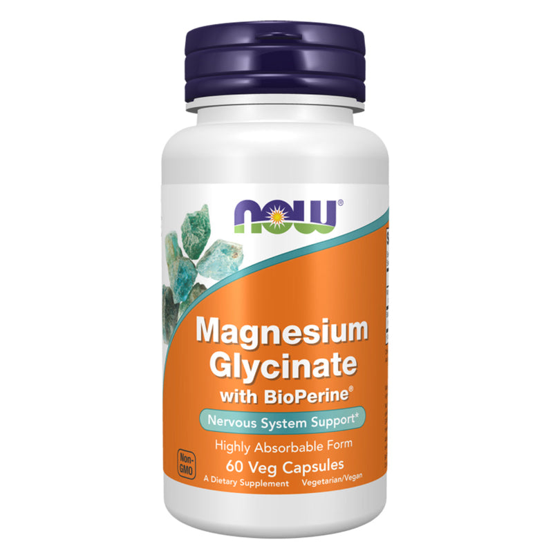 A bottle of NOW Magnesium Glycinate with BioPerine, containing 60 vegetable capsules, designed for nervous system support.