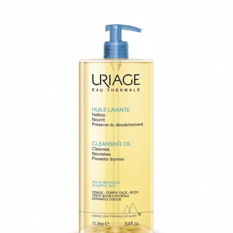 Uriage cleansing oil bottle on a white background