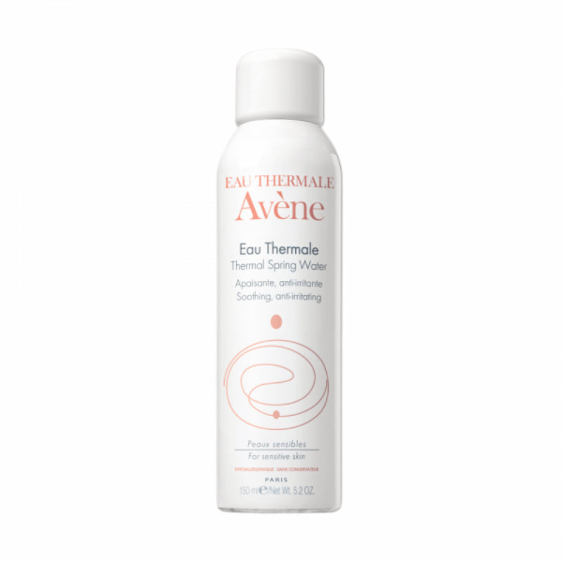 A bottle of AVENE EAU THERMALE SPR 150ml, which is a thermal spring water designed for soothing and hydrating the skin.