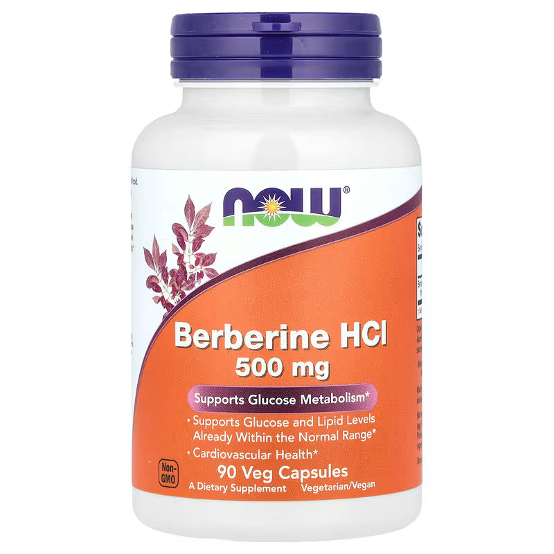 Supplement bottle labeled 'Berberine HCI 500 mg' by NOW on a white background