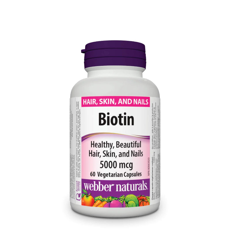 Bottle of Webber Naturals Biotin supplement on a white background