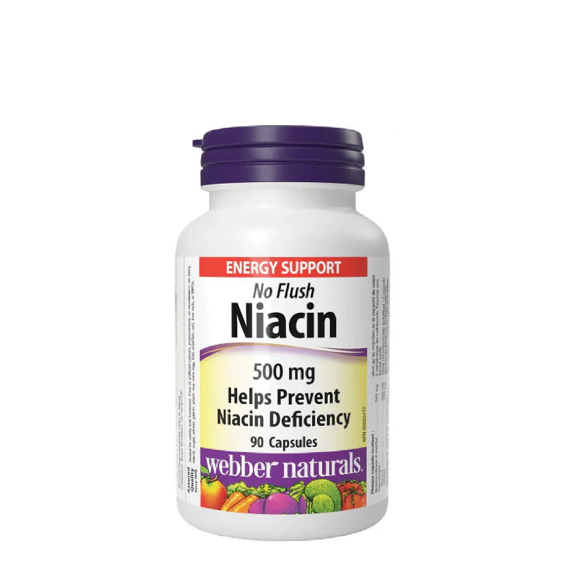 Bottle of Webber Naturals Niacin capsules on a white background
