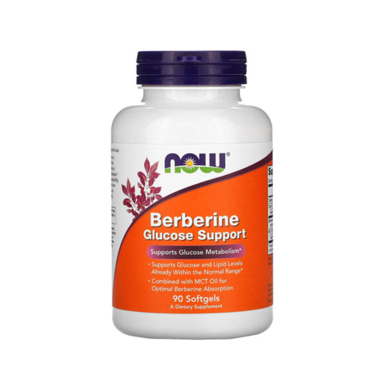 A bottle of Now Berberine Glucose Support softgels with 90 capsules. The label shows the brand logo, product name, and brief description.