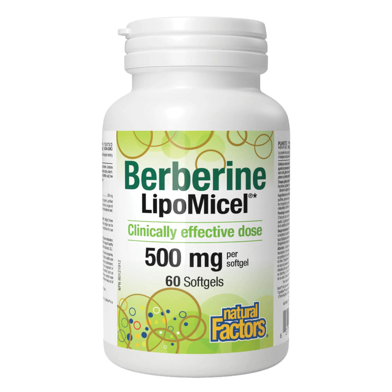 A white plastic bottle of Natural Factors Berberine LipoMicel 500 mg softgels, featuring a green and yellow label with circular graphic accents.