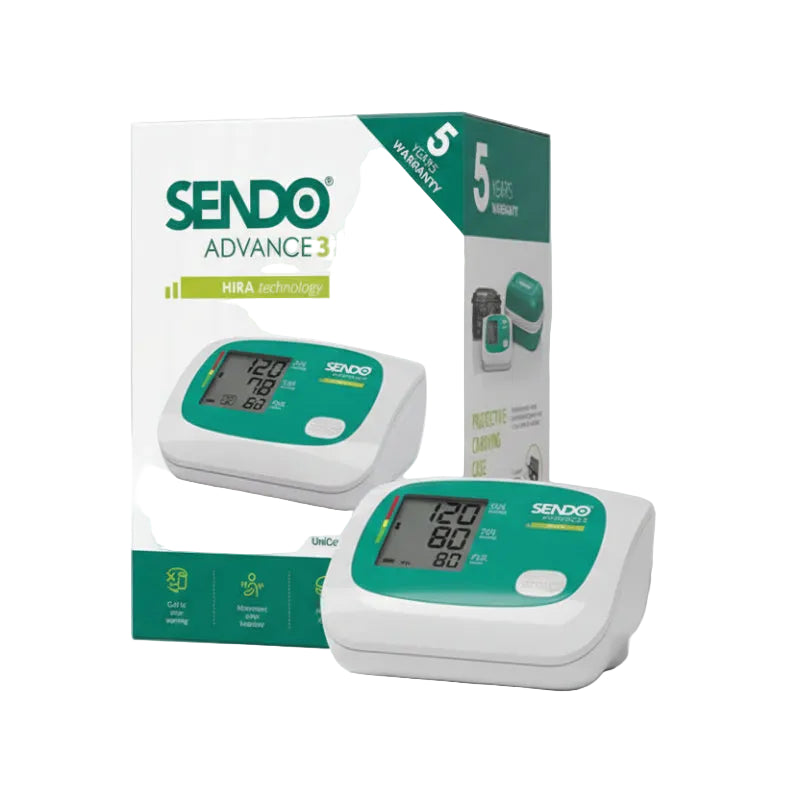 SENДО Advance 3 blood pressure monitor packaging with green and white design.