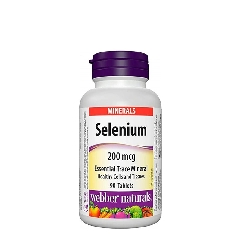 Bottle of Webber Naturals Selenium supplements on a white background