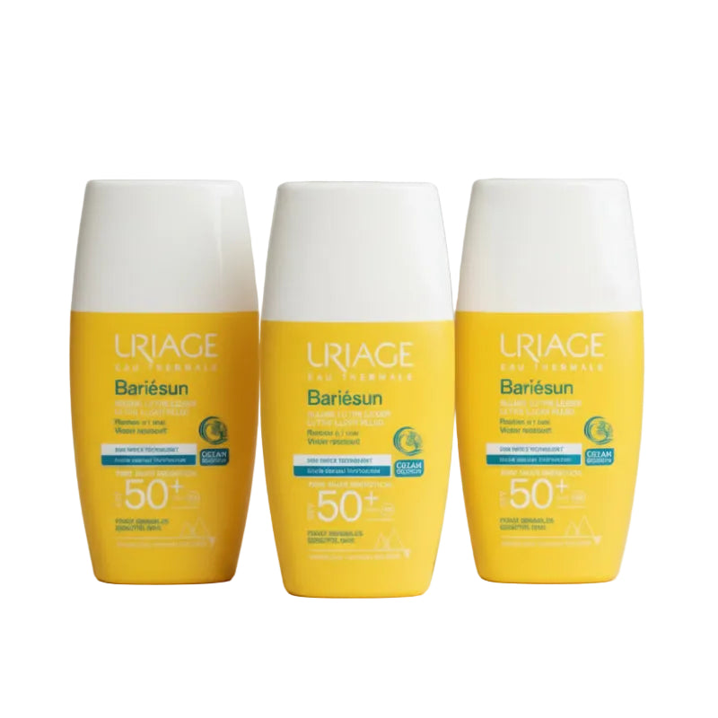Uriage Bariésun sunscreen fluid bottle with yellow label
