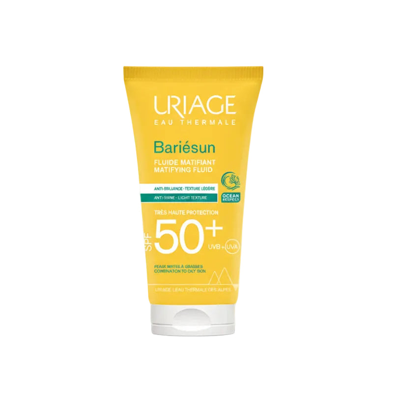 Uriage Bariésun sunscreen fluid tube on a white background