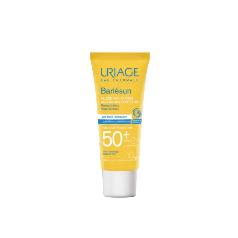 Uriage sunscreen cream tube with branding and product details on a white background