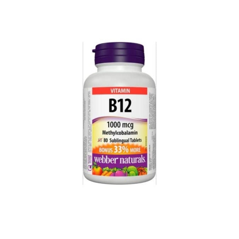 Vitamin B12 supplement bottle with colorful label on a white background