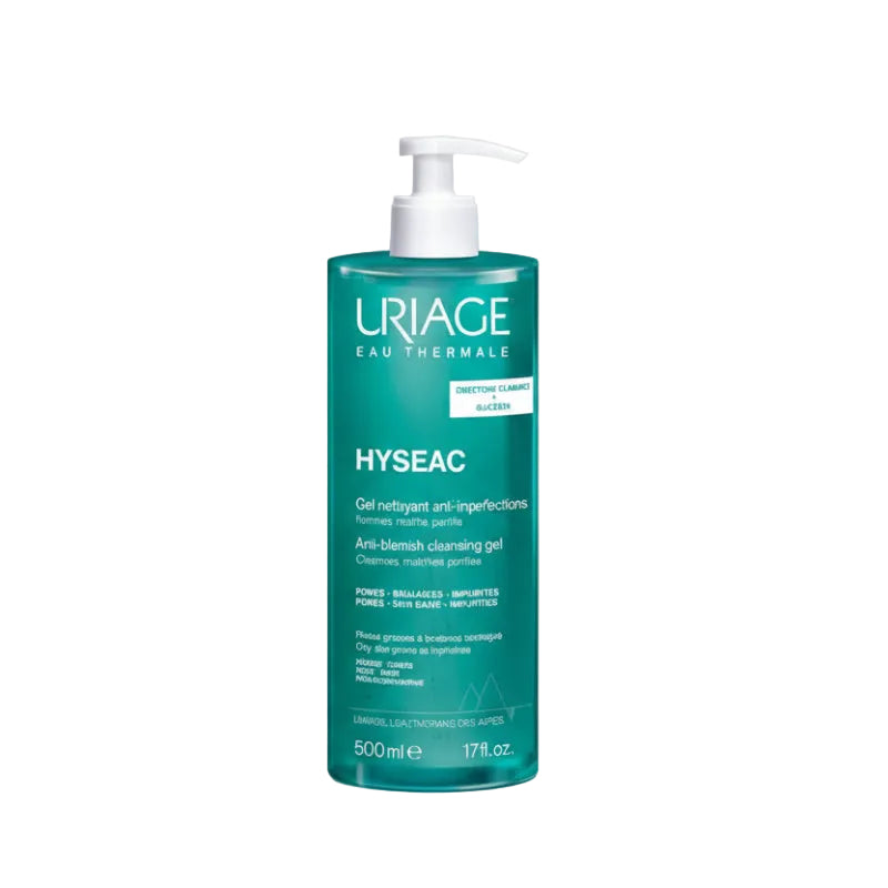 Uriage Hyseac anti-blemish cleansing gel bottle on a white background