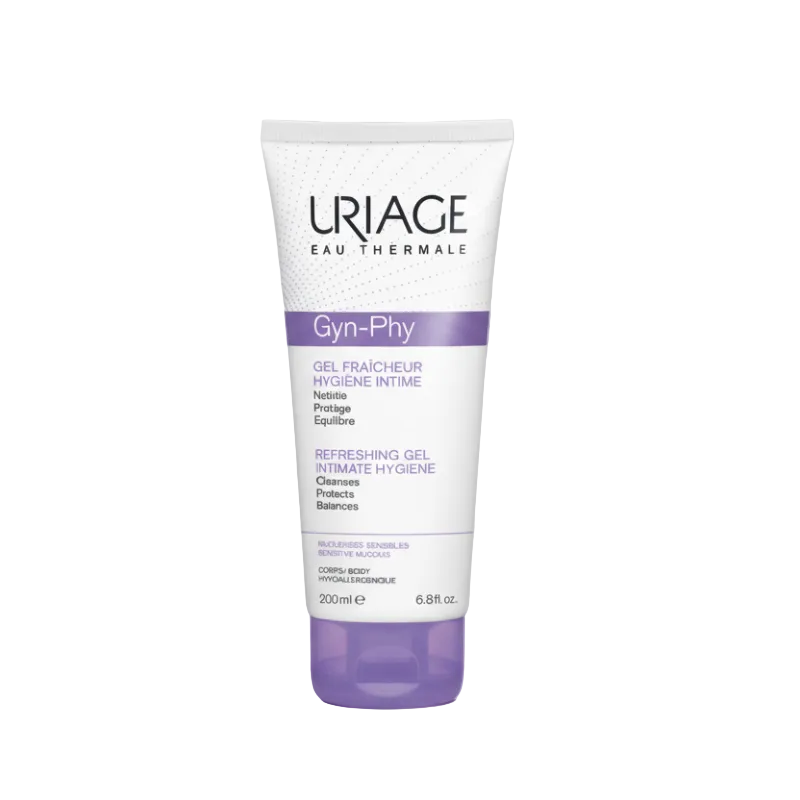 Tube of Uriage Gyn-Phy refreshing gel on a white background