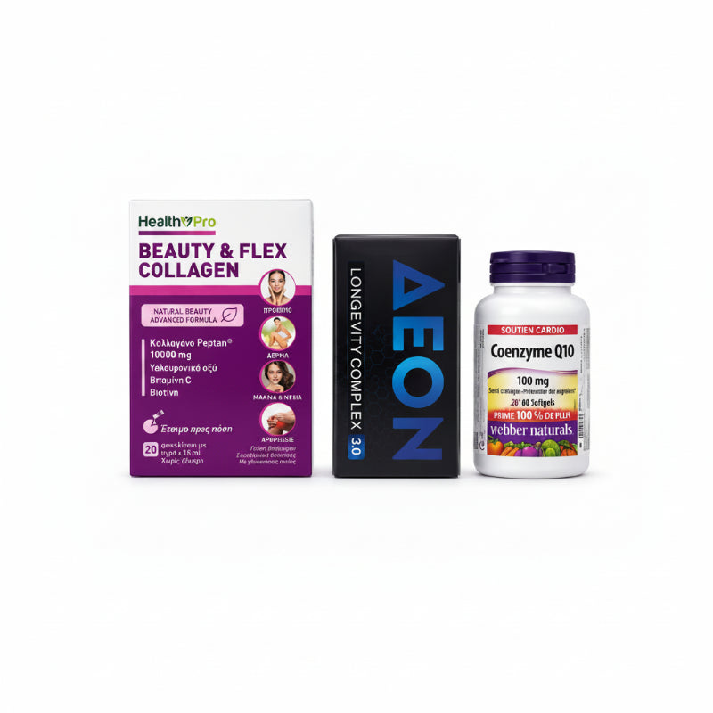 Three health products including Beauty & Flex Collagen, Aeon Longevity Complex 3.0, and Coenzyme Q10 on a white background.
