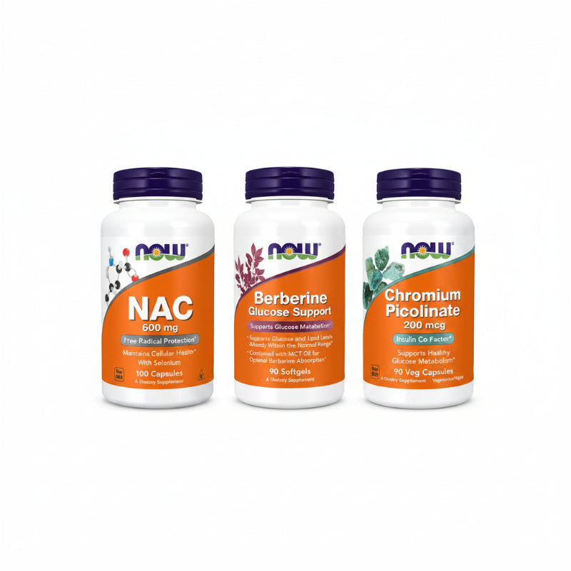 Three NOW Supplements bottles on a white background