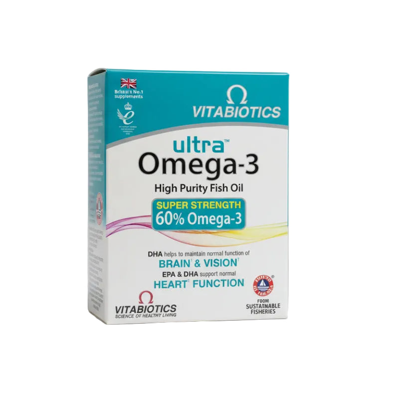 Vitabiotics ultra Omega-3 supplement packaging on a white background