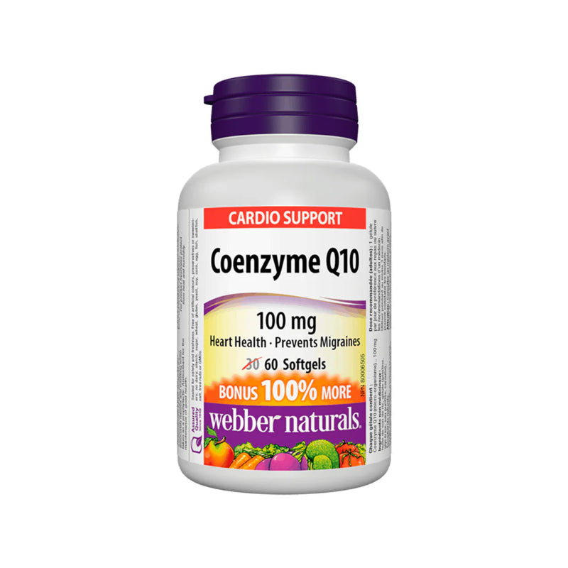 Coenzyme Q10 supplement bottle with colorful label on a white background
