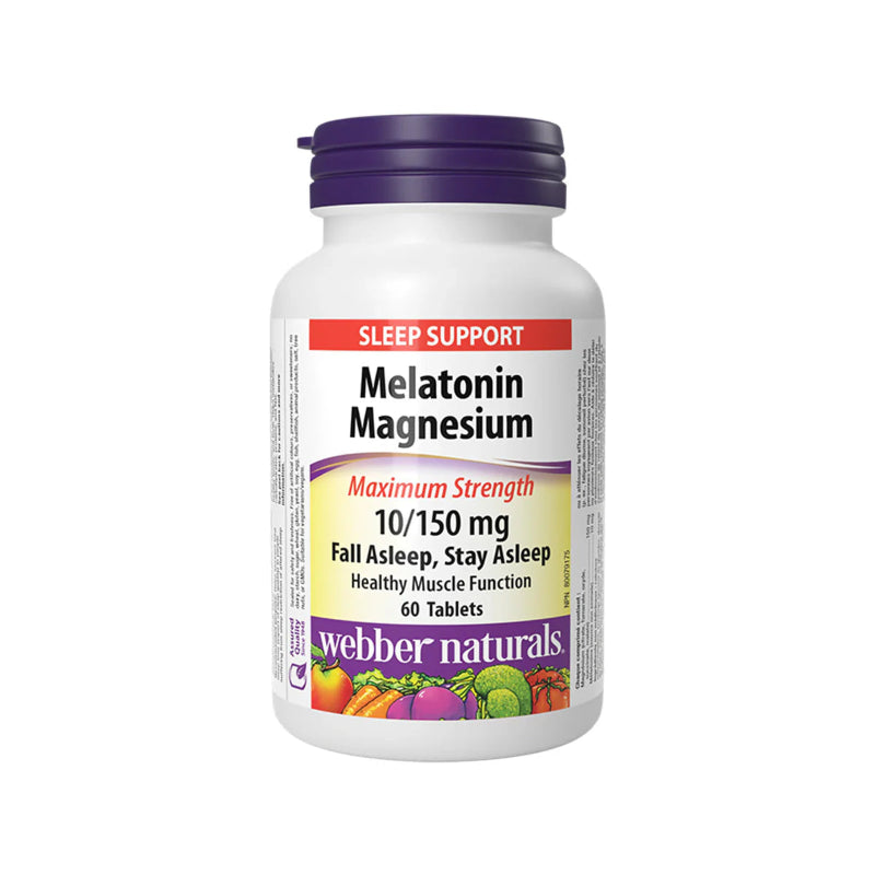 Bottle of Webber Naturals Melatonin Magnesium supplement on a white background