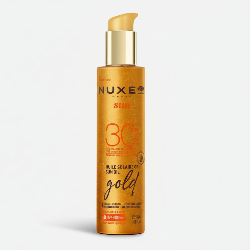 Nuxe sun oil bottle on a white background