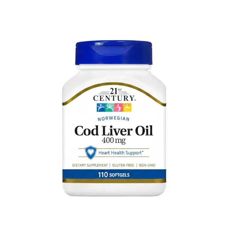 A white plastic bottle of 21st Century Norwegian Cod Liver Oil 400 mg, containing 110 softgels, with a blue cap and a white label featuring gold and blue text.