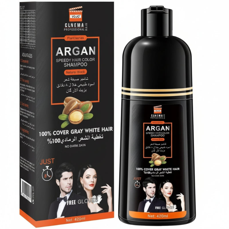 Cinema Professional Argan Speedy Hair Color Shampoo bottle and packaging box, designed for covering gray and white hair with argan scent, shown on a white background.