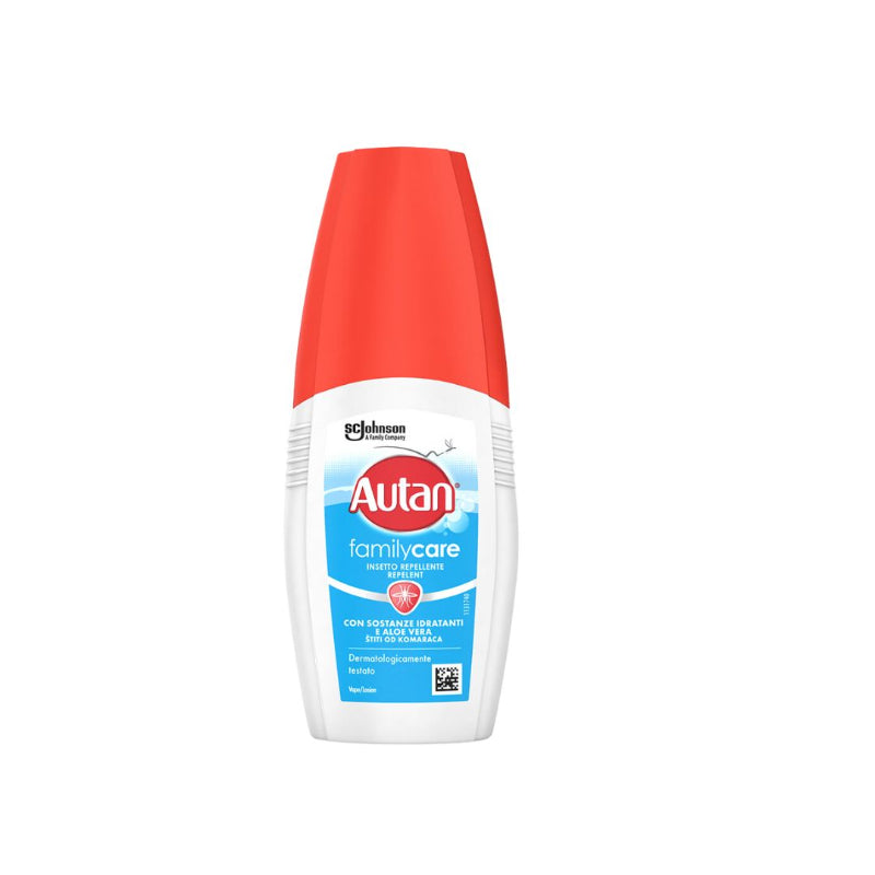 Autan family care insect repellent spray bottle on a white background