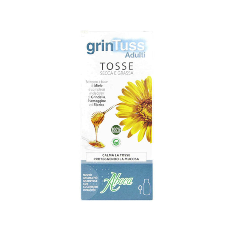 Packaging of Aboca Grintuss Adult Syrup with an image of a honey dipper and a flower, indicating it is a medicinal syrup for cough relief.