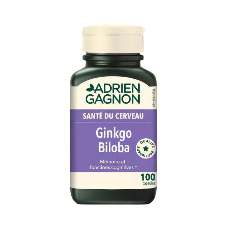 A bottle of Adrien Gagnon Ginkgo Biloba capsules with 100 servings, emphasizing brain health and cognitive functions.