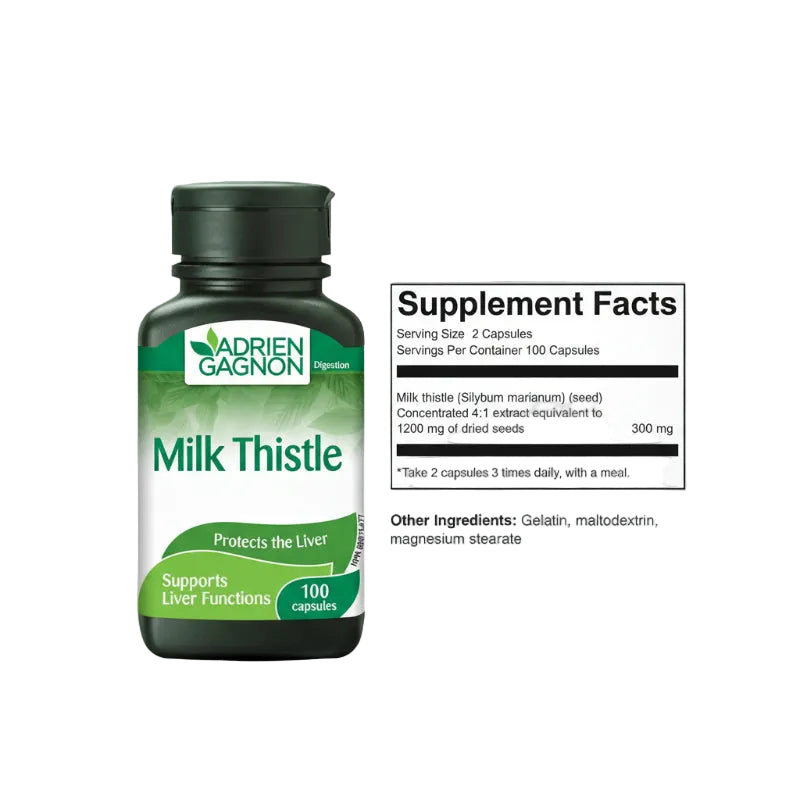 A bottle of Adrien Gagnon Milk Thistle dietary supplement with 100 capsules, highlighting its benefits for liver and kidney functions, and its ability to absorb nutrients. The label indicates the product is to be taken three times daily, with meals.