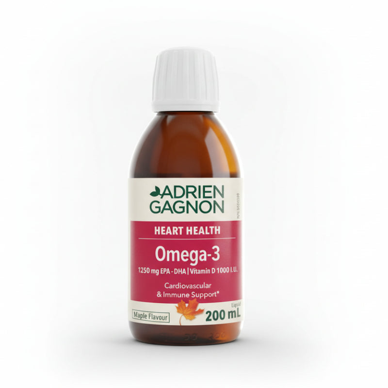 Bottle of Adrien Gagnon Omega-3 with Vitamin D3, 200 mL volume, with label indicating 1200 mg EPA/DHA and 1000 mg Vitamin D3 for cardiovascular and immune support.
