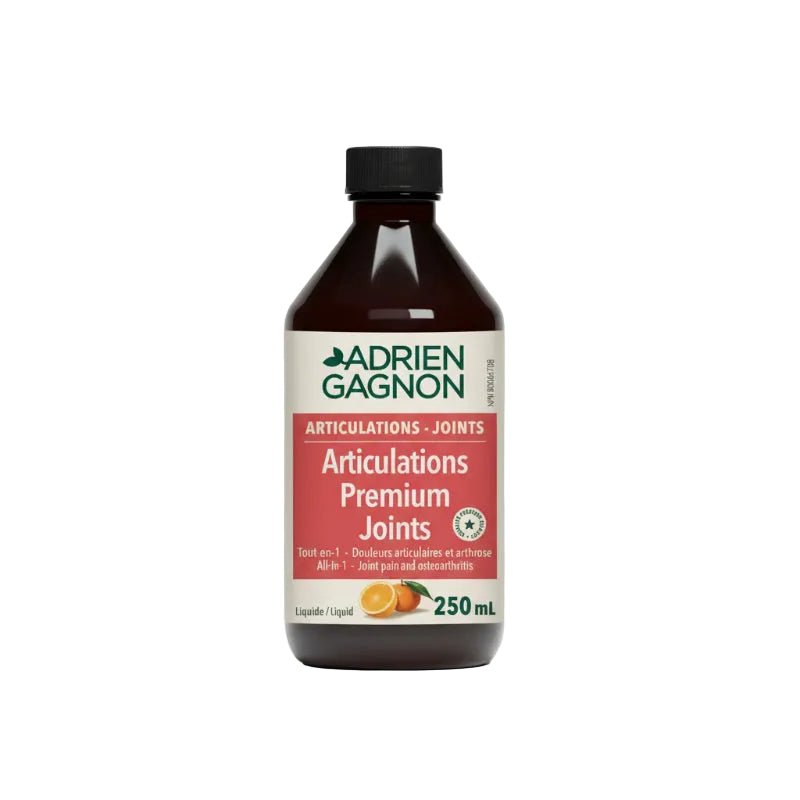 A bottle of Adrien Gagnon Premium Joint Support Complete Formula, with a label indicating it is an anti-inflammatory joint product, 250ml size, and an image of an orange slice suggesting the flavor or ingredients.