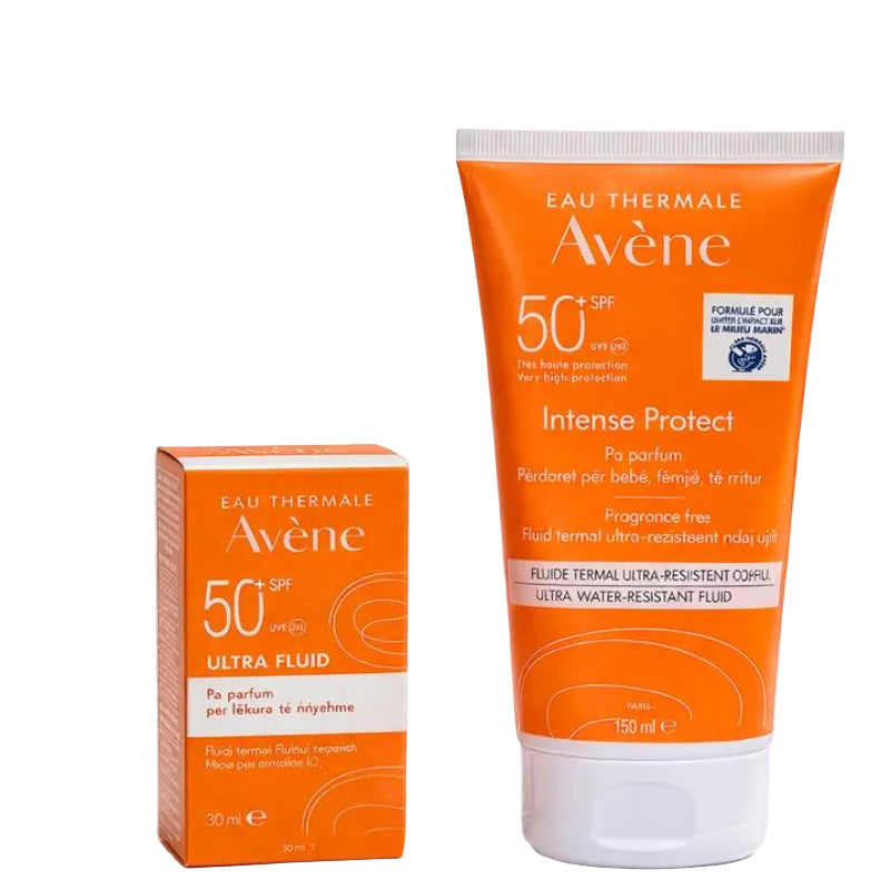 Avene sunscreen products with packaging on a white background, featuring Farmaci Esler branding.