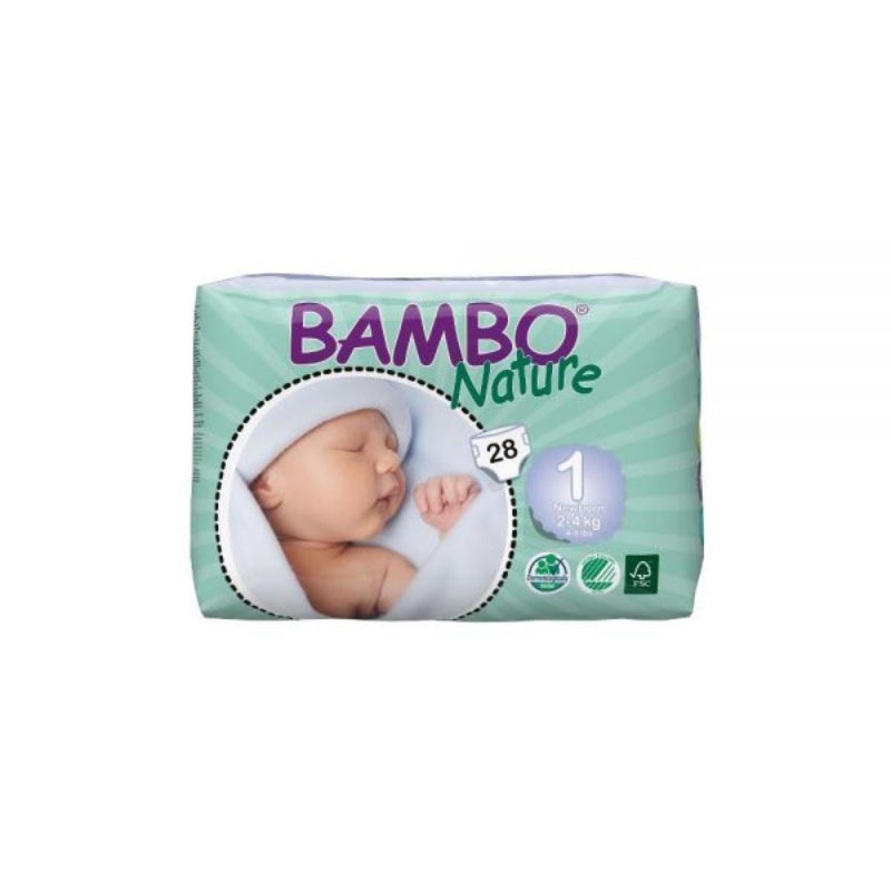 Packaging of BAMBO NATURE organic diapers with a picture of a baby and product details.