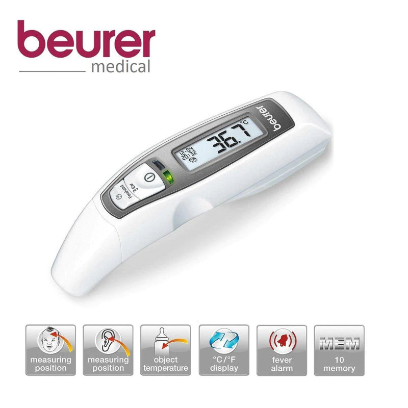 Beurer medical thermometer on a white background with features displayed below.