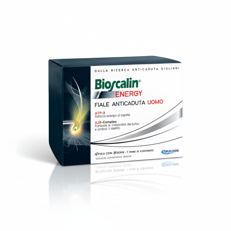 Packaging box for BIOSCALIN ENERGY FIALE ANTICAD Men's health supplement, showing the product name and information.
