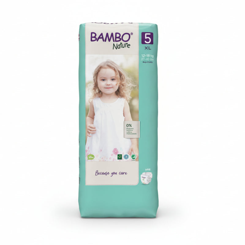 A package of Bambo Nature organic diapers for children, with a picture of a smiling baby on the front.
