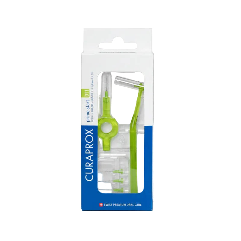 Packaging of CURAPROX PRIME START 011 INTERDENTAL BRUSHES with green brushes visible through the clear plastic front.