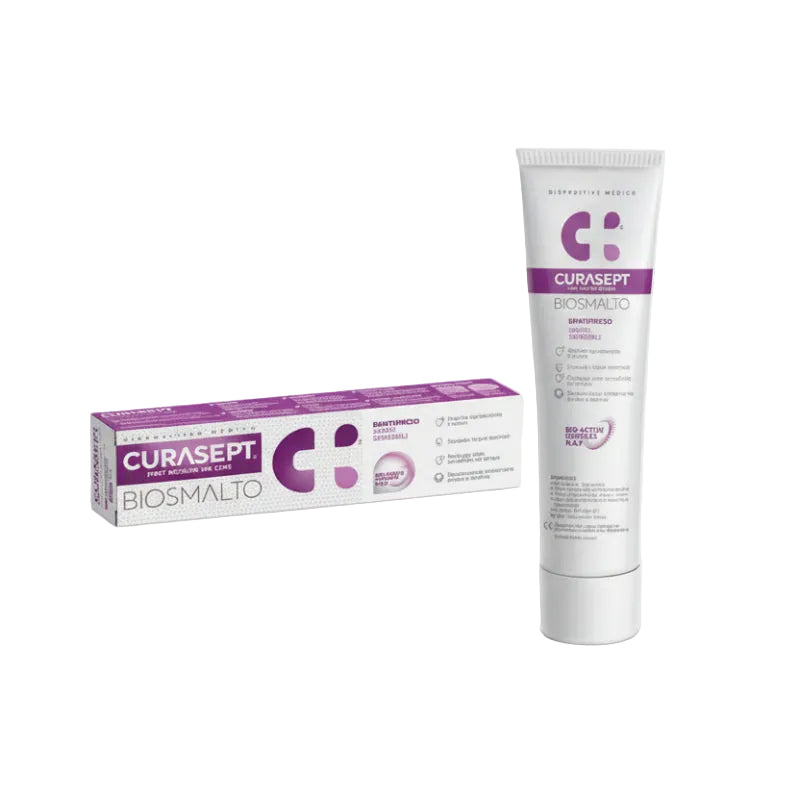 Packaging and tube of CURASEPT BIOSMALT DENT 75ML toothpaste, with purple and white color scheme.