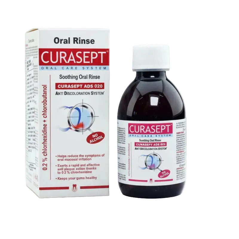 Packaging of CURASEPT INTENSIVE TREATMENT MOUTHWASH with a bottle and box, displaying product information and branding.