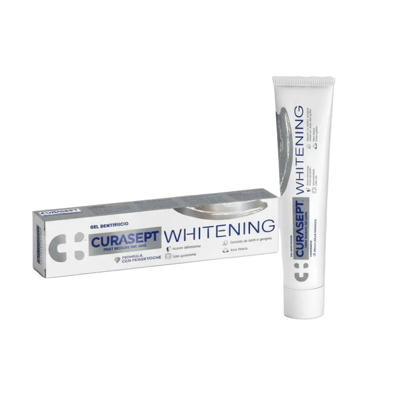Packaging of CURASEPT WHITENING TOOTHPASTE 75 ML, showing the toothpaste tube and box with brand and product information.