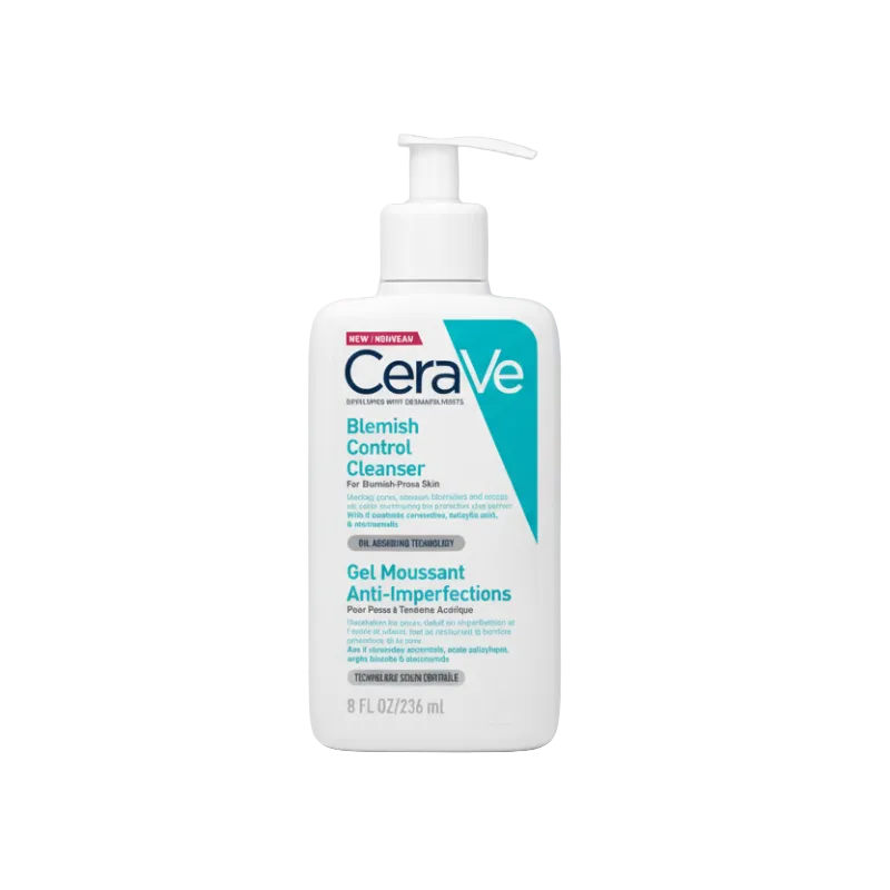 A pump bottle of CeraVe Blemish Control Cleanser Gel with the label clearly showing the product name and features such as blemish control, anti-inflammatory, and sebum control.