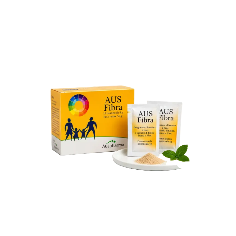 AUS Fibra supplement packaging with oranges and a glass of water on a wooden surface.