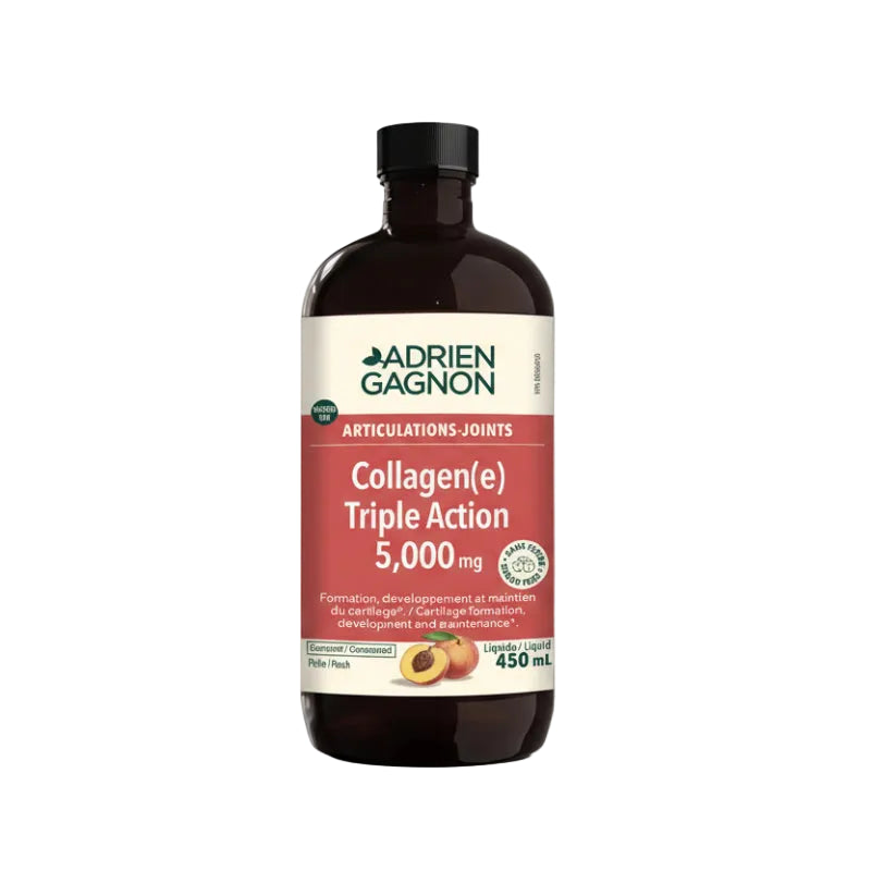 A bottle of ADRIEN GAGNON TRIPLE ACTION COLLAGENE 5000 mg, with labels indicating it is concentrated, sugar-free, non-GMO, lactose-free, and gluten-free.