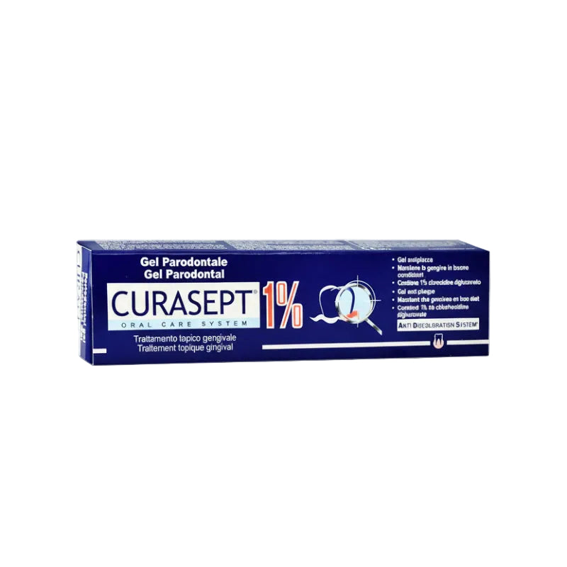 Packaging of Curasept 1% denture adhesive gel in a blue and white box with text and branding.