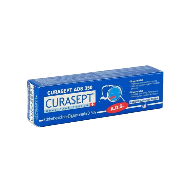 Box of Curasept 350 mg/1% Chlorhexidine digluconate gel for oral care, with ADS (Anti-Bacterial Denture Solution) indication.