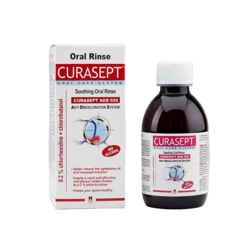 Packaging for Curasept Oral Rinse, showing the box and bottle with product information and branding.