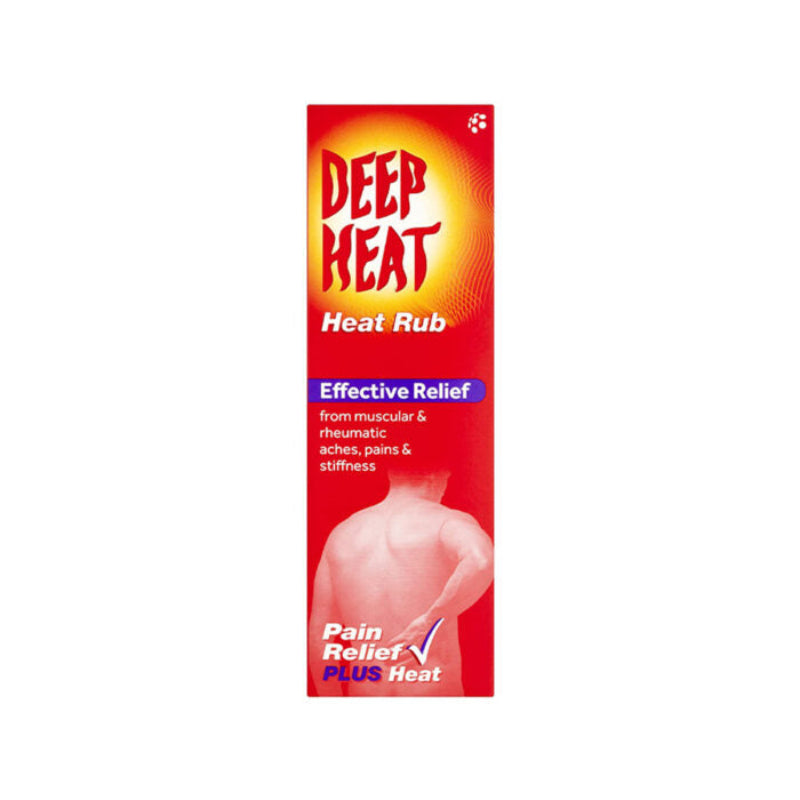 Packaging for Deep Heat Heat Rub Pain Relief cream showing the product name and an illustration of a person applying the cream to their back.