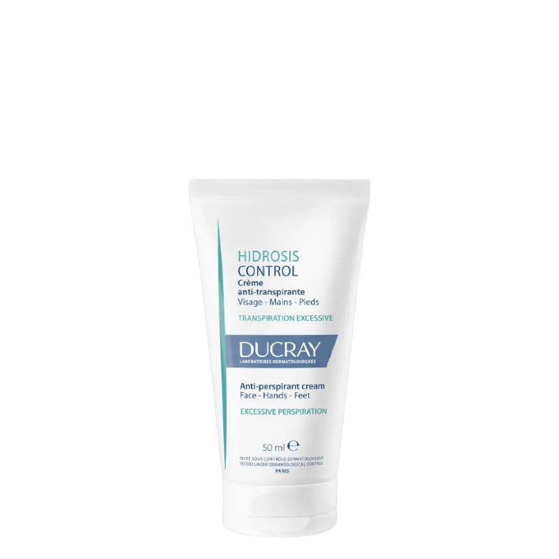 A 50ml squeeze tube of Ducray Hidrosis Control Anti-pervaporation cream, featuring a white tube with blue and green text and accents, set against a plain white background.