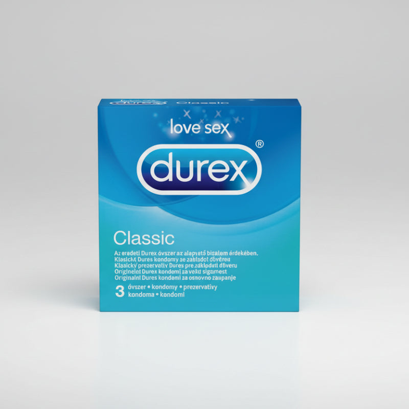 Durex Classic condom packaging on a gray background