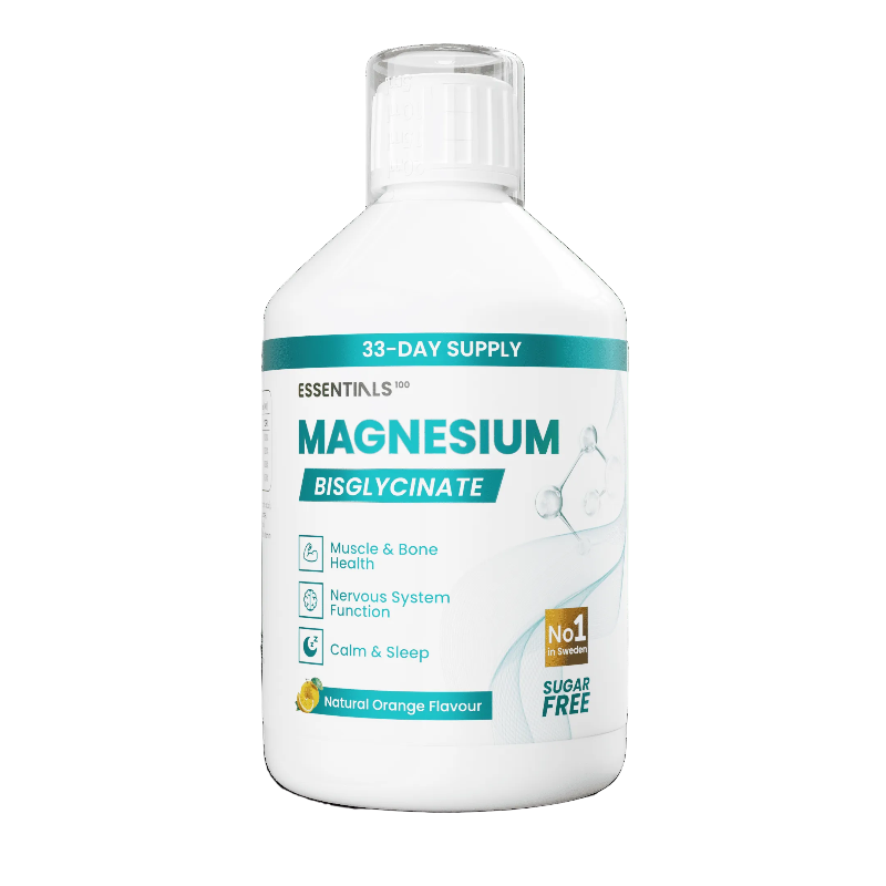 A white plastic bottle of ESSENTINLS Magnesium Bisglycinate supplement with a clear cap, featuring a teal and white label with orange-flavour icon.