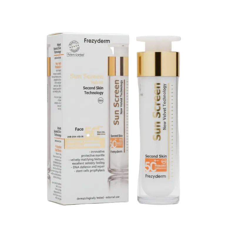 Packaging and container of Frezyderm Sun Screen Krem with Second Skin Technology, SPF 50+, for face and body use.